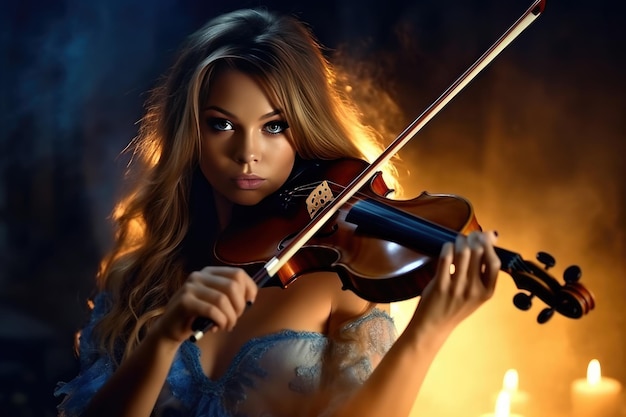Hermosa mujer mirando a la cámara y tocando el violín