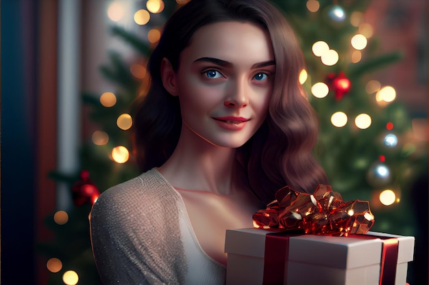 Hermosa mujer Modelo 3D de pie con regalo Hay un árbol de Navidad decorado en el fondo con luces