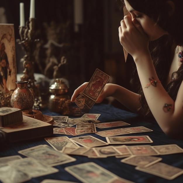 Foto hermosa mujer modelo jugando a las cartas