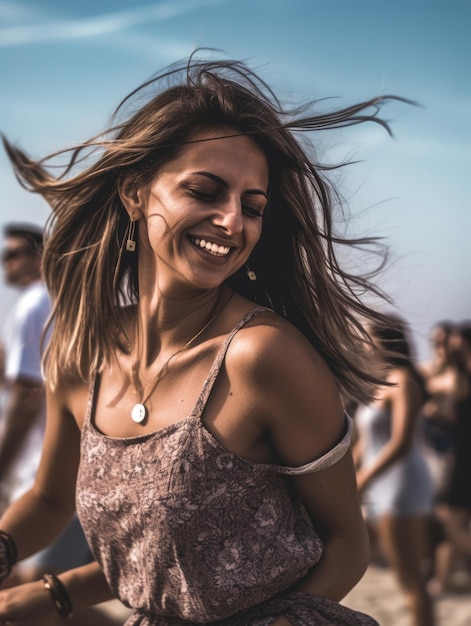 Una hermosa mujer morena bailando en la fiesta de la playa