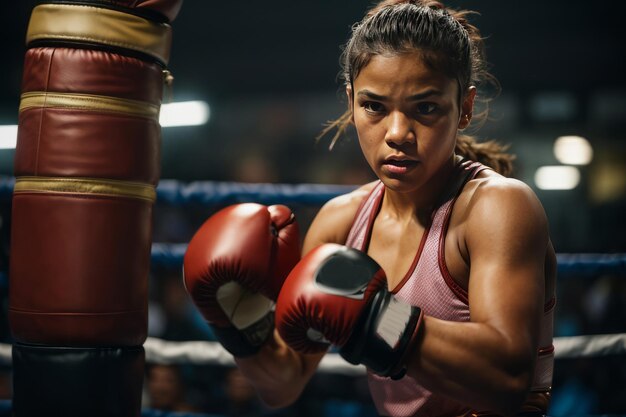 Una hermosa mujer morena con musculos de piel oscura con una camiseta y guantes de boxeo