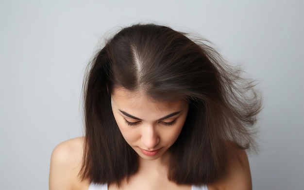 Una hermosa mujer morena con pérdida de cabello está mostrando su cabello escaso en fondo blanco vista superior