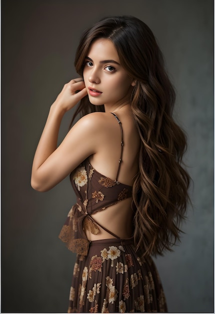 Hermosa mujer morena con su cabello posando en un vestido de tracería ai generativo