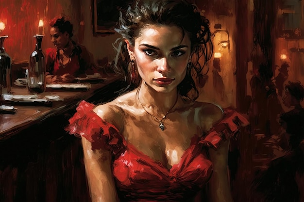 Hermosa mujer morena con vestido rojo en el restaurante por la noche Pintura al óleo