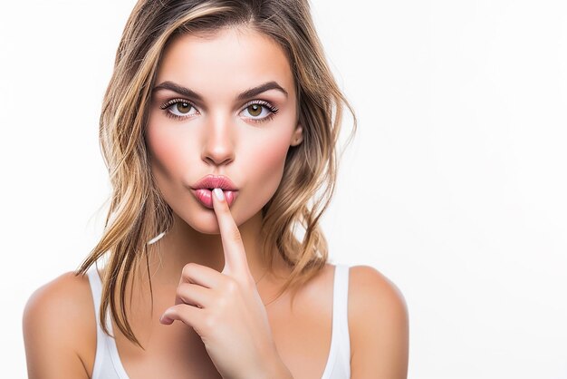 Hermosa mujer mostrando el dedo sobre los labios aislado sobre un fondo blanco.