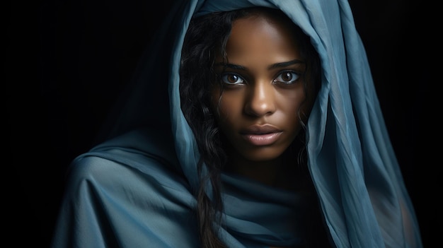 Hermosa mujer musulmana africana en tela de hijab azul aislada en negro