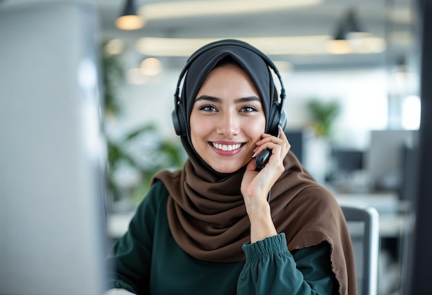 hermosa mujer musulmana asiática trabajando en un centro de llamadas con su equipo