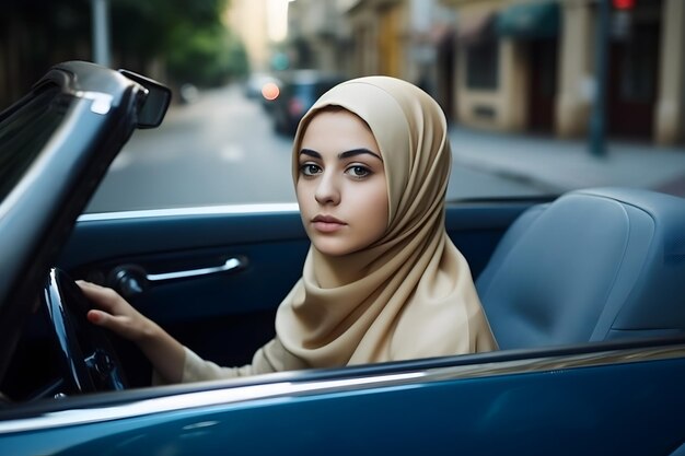 Una hermosa mujer musulmana conduciendo un coche una red neuronal generada por la IA