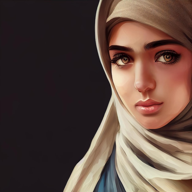 Foto hermosa mujer musulmana con ilustración de dibujos animados de retrato de hijab