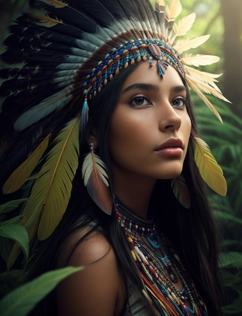 Hermosa mujer nativa americana con plumas en la cabeza