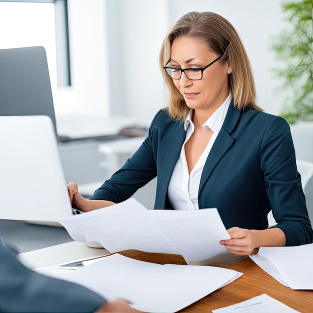 Hermosa mujer de negocios en anteojos trabajando con papeles en la oficina