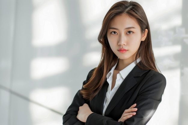hermosa mujer de negocios asiática con los brazos cruzados sobre un fondo blanco