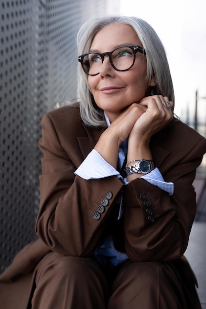 Una hermosa mujer de negocios madura y exitosa de pelo gris con gafas vestida de manera respetable