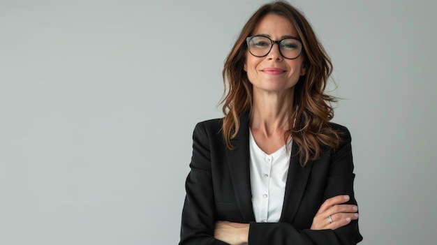 Foto una hermosa mujer de negocios de mediana edad con gafas de sol se encuentra sobre un fondo blanco aislado con una sonrisa feliz y fría