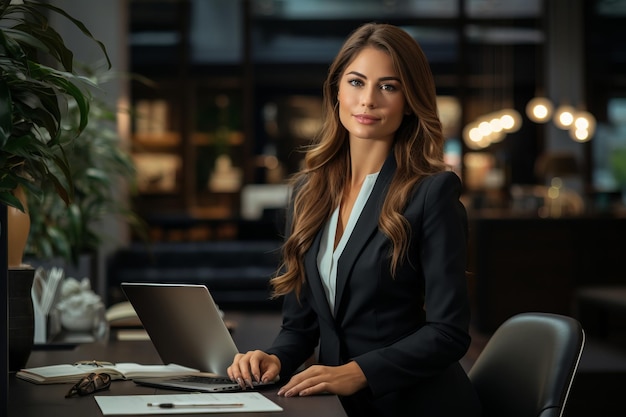 Una hermosa mujer de negocios en una oficina.