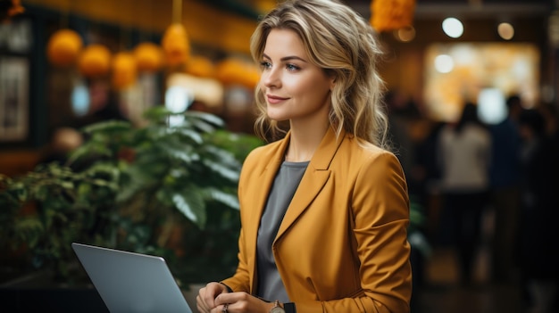 Hermosa mujer de negocios rubia con chaqueta amarilla usando una computadora portátil en el café Concepto de negocio y tecnología