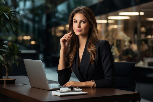 Una hermosa mujer de negocios con traje hablando por teléfono