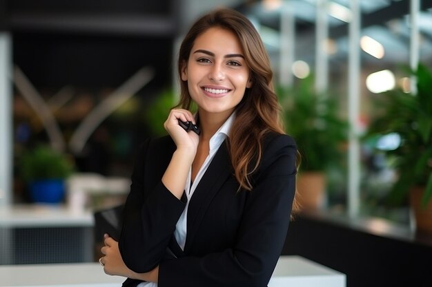 Una hermosa mujer de negocios en traje hablando por teléfono.