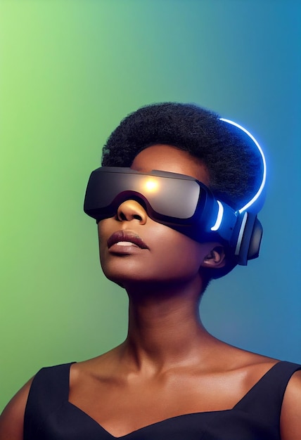 Una hermosa mujer negra con auriculares VR Toma dramática con la cara enfocada gradación de color cinematográfica Usuarios emocionados probando el juego VRConcepto de juego de realidad virtualPor Mangostar