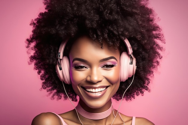 Hermosa mujer negra con cabello afro y auriculares riendo y escuchando música mirando a la cámara sobre fondo rosa ai generativo
