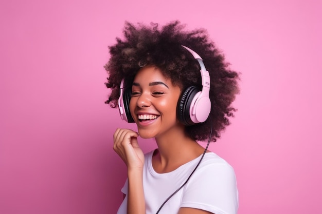 Hermosa mujer negra con cabello afro y auriculares riendo y escuchando música mirando a la cámara sobre fondo rosa ai generativo