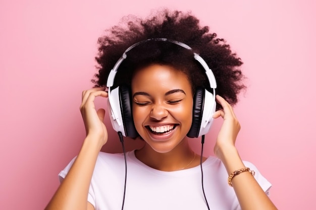 Hermosa mujer negra con cabello afro y auriculares riendo y escuchando música mirando a la cámara sobre fondo rosa ai generativo