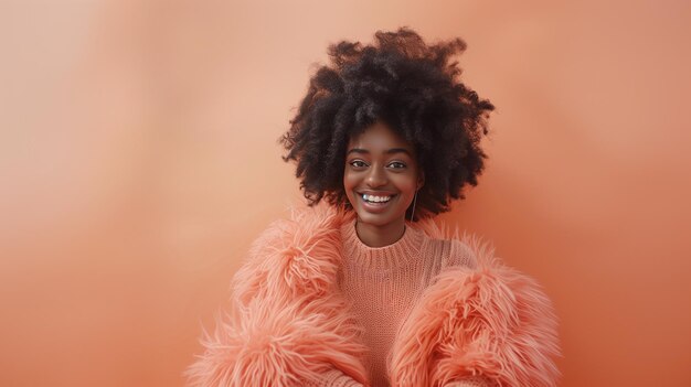 hermosa mujer negra con el cabello peludo de melocotón en un fondo de peludo peludo