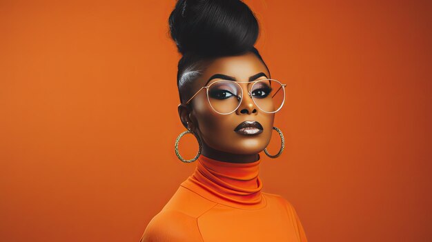 hermosa mujer negra con gafas sobre un fondo naranja