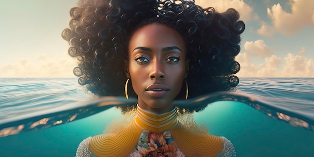 Hermosa mujer negra intrincado peinado de los años 40 retrofuturista hermoso paisaje de olas del océano cápsula espacial en el agua Generado por IA