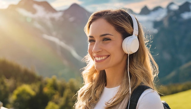 Foto una hermosa mujer occidental con cabello rubio usando auriculares