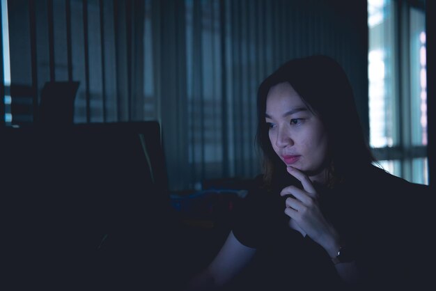 Hermosa mujer de oficina asiática trabajando horas extras en la noche Gente tailandesa Concepto de gente estresada Trabajar hasta tarde