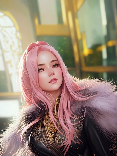 Una hermosa mujer con ojos anaranjados y cabello rosado en estilo anime.