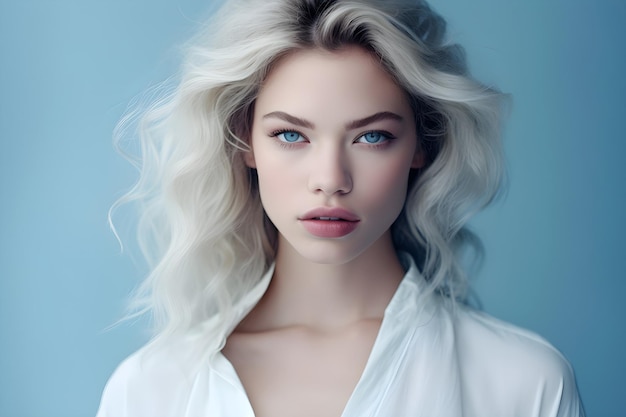 hermosa mujer con ojos azules y fondo azul claro