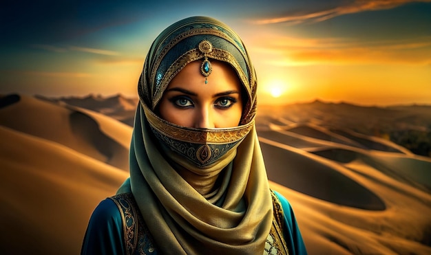 Foto una hermosa mujer con ojos azules y maquillaje en un hijab en el fondo del desierto generado por ai