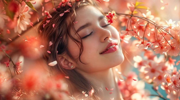 Una hermosa mujer con los ojos cerrados está rodeada de flores y pétalos rosados