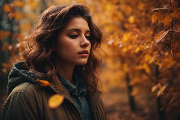 Hermosa mujer de otoño con hojas de otoño sobre fondo de naturaleza de otoño Hola otoño atmósfera al aire libre