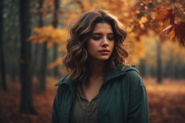 Hermosa mujer de otoño con hojas de otoño sobre fondo de naturaleza de otoño Hola otoño atmósfera al aire libre