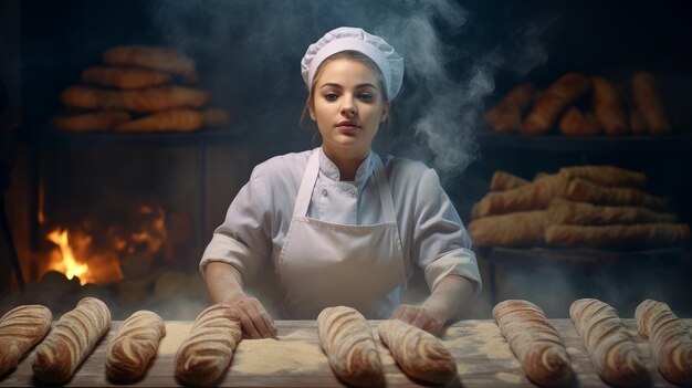 hermosa mujer panadero preparando pan