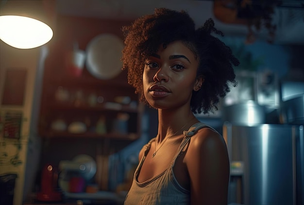 una hermosa mujer parada en una cocina al estilo de la academia más oscura