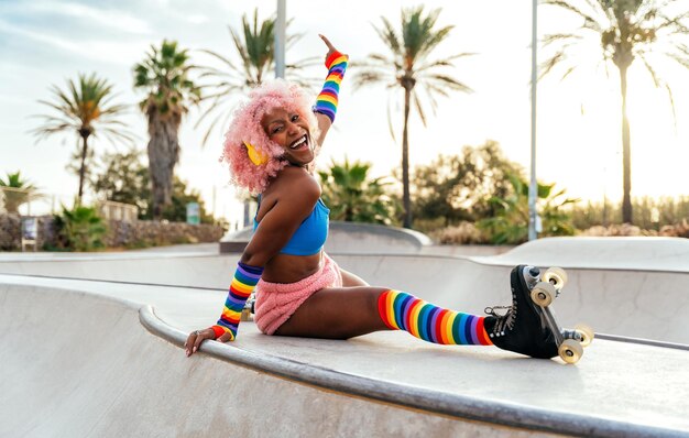 Hermosa mujer patinando con patines y divirtiéndose