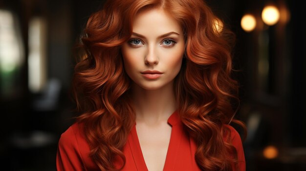 Foto hermosa mujer pelirroja con cabello brillante brillante belleza retrato de chica de moda