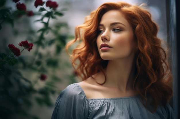 Una hermosa mujer pelirroja con cabello largo.