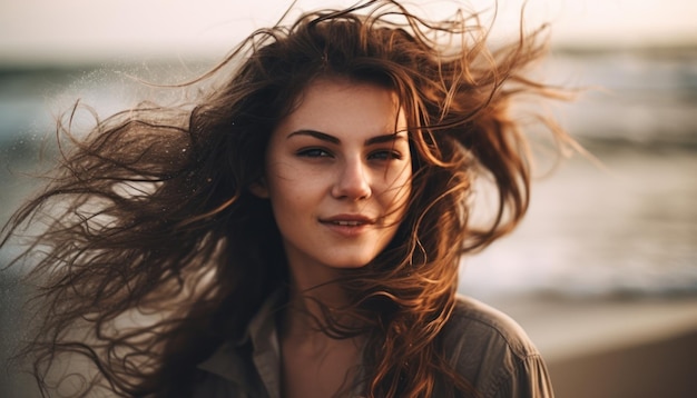 Hermosa mujer con el pelo ondeando en la playa