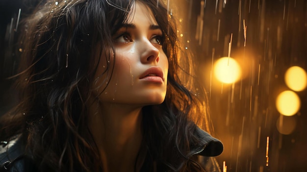 Una hermosa mujer pensativa mira por la ventana por la noche durante la lluvia y deja caer una IA generada