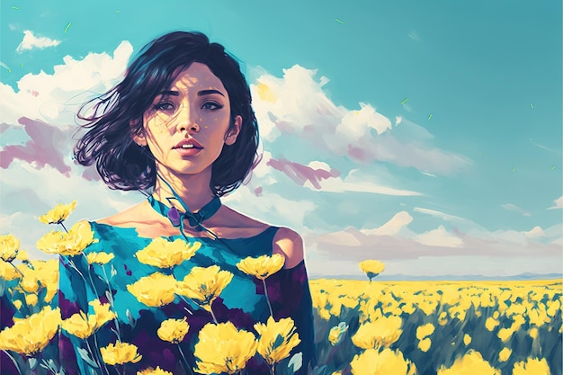 Hermosa mujer de pie en el campo de flores en un día de verano ilustración de estilo de arte digital pintura ilustración de fantasía de una linda chica de pie en un prado