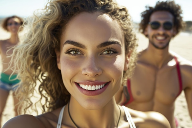 una hermosa mujer de pie junto a otro hombre en la playa