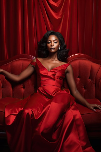 Hermosa mujer de piel oscura con vestido rojo en una habitación roja