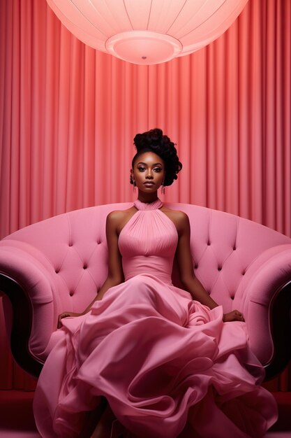 Hermosa mujer de piel oscura con vestido rosa en una habitación rosa