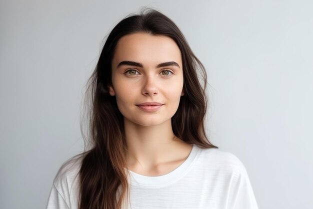 Hermosa mujer con piel suave natural sin maquillaje posando feliz y sonriendo a la cámara de pie en camiseta contra fondo blanco