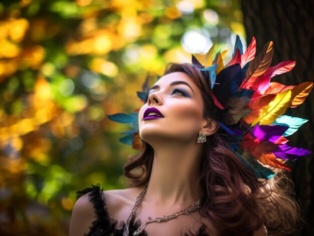 hermosa mujer con plumas de colores en la cabeza